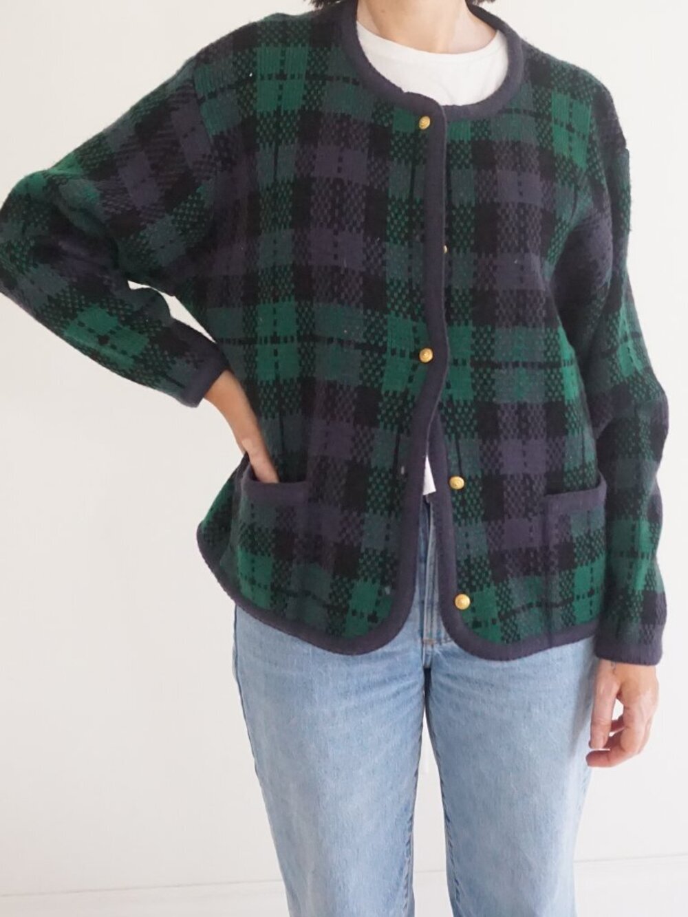 Vintage Crystal Kobe Green Navy Plaid Gold Button Pocket Trim Knit Cardigan XL